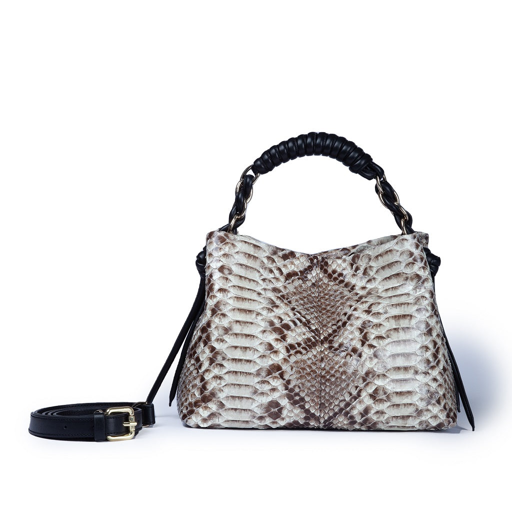 Amina Pitone small python handbag with leather finishes wrapped tubular handle and detachable shoulder strap