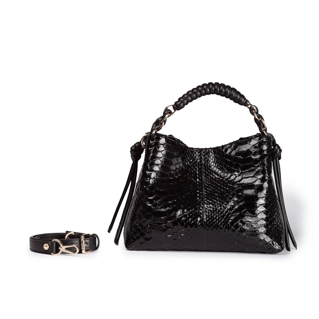 Amina Pitone small python handbag with leather finishes, wrapped tubular handle and detachable shoulder strap