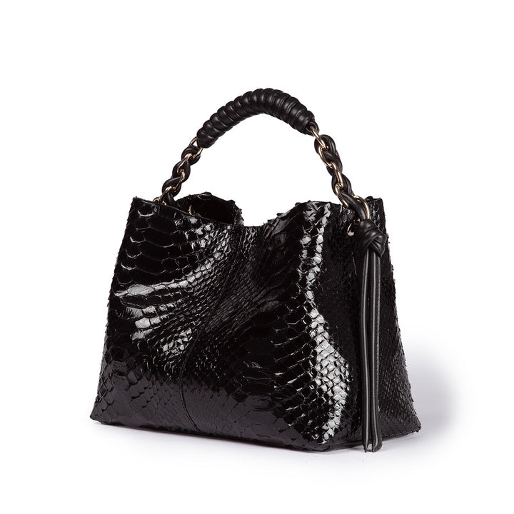 Amina Pitone small python handbag with leather finishes, wrapped tubular handle and detachable shoulder strap