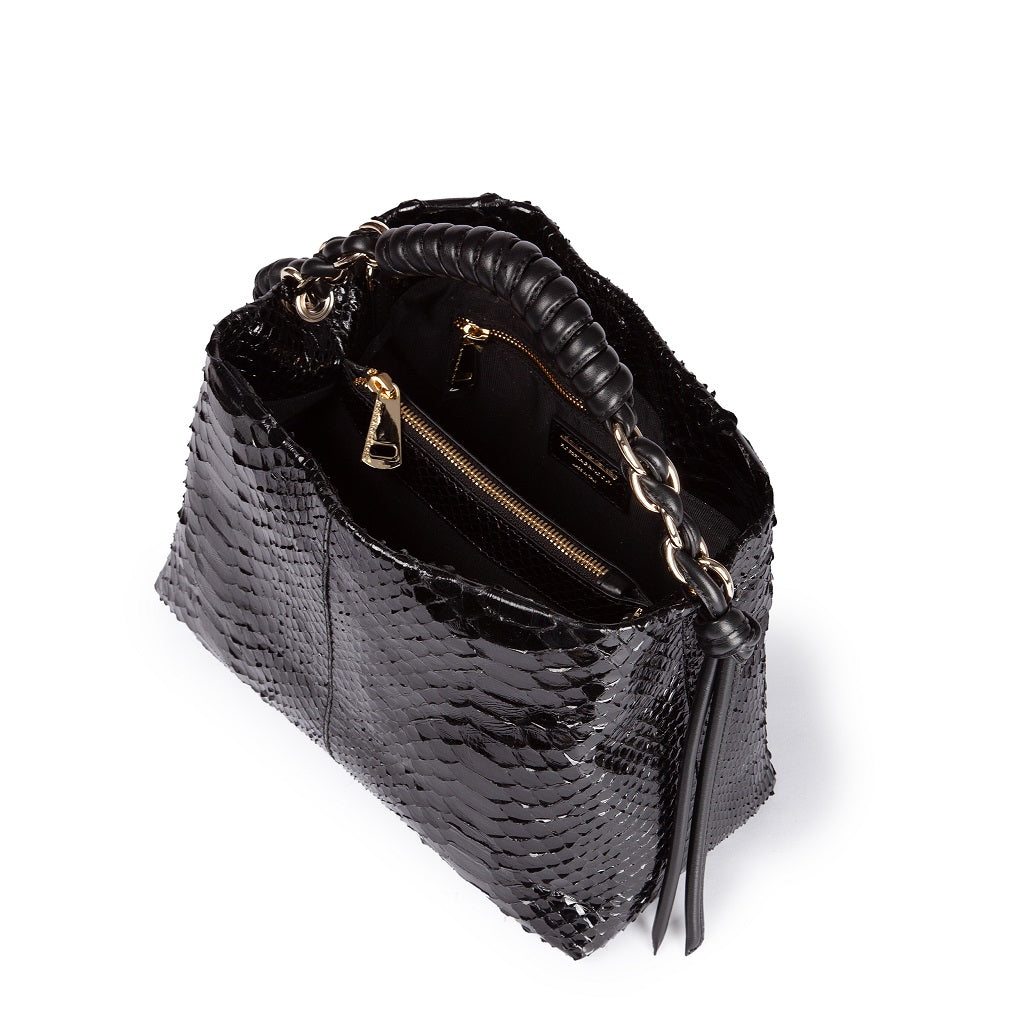 Amina Pitone small python handbag with leather finishes, wrapped tubular handle and detachable shoulder strap