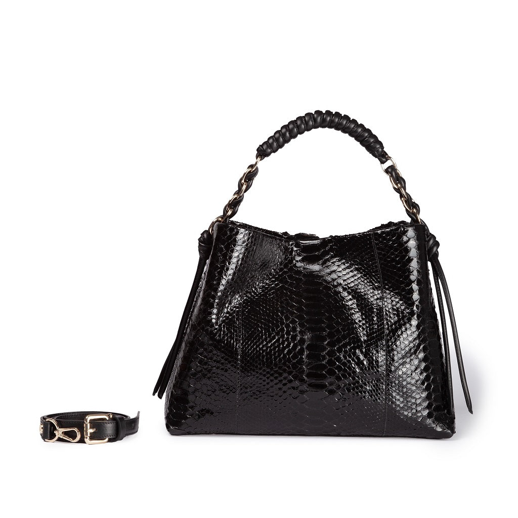 Amina Pitone large handbag in python and calfskin finishes with wrapped tubular handle and detachable shoulder strap