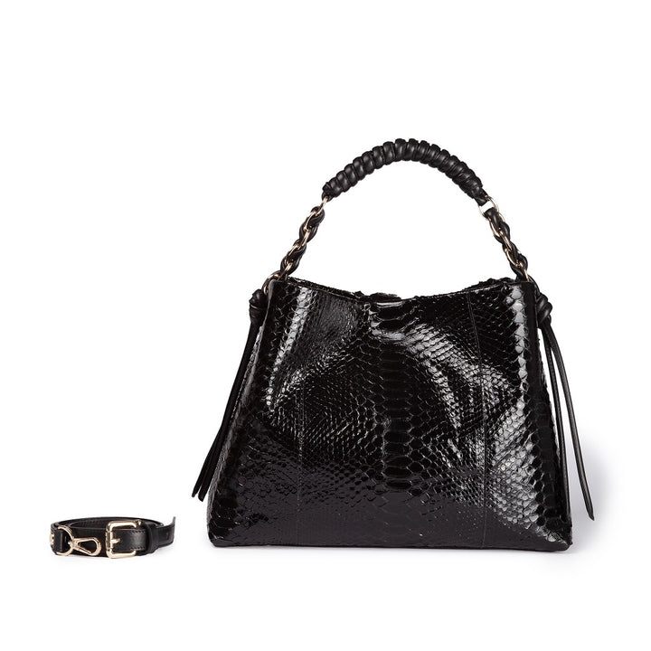 Amina Pitone large handbag in python and calfskin finishes with wrapped tubular handle and detachable shoulder strap