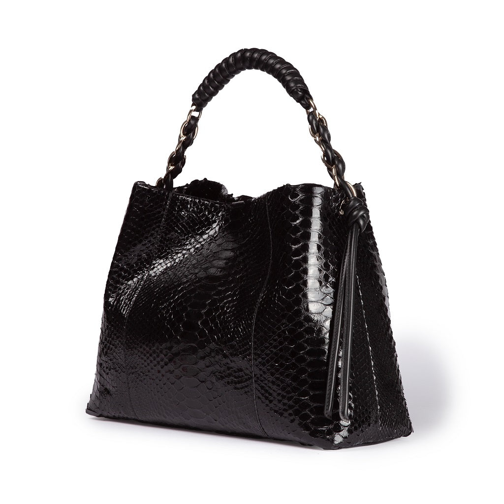 Amina Pitone large handbag in python and calfskin finishes with wrapped tubular handle and detachable shoulder strap