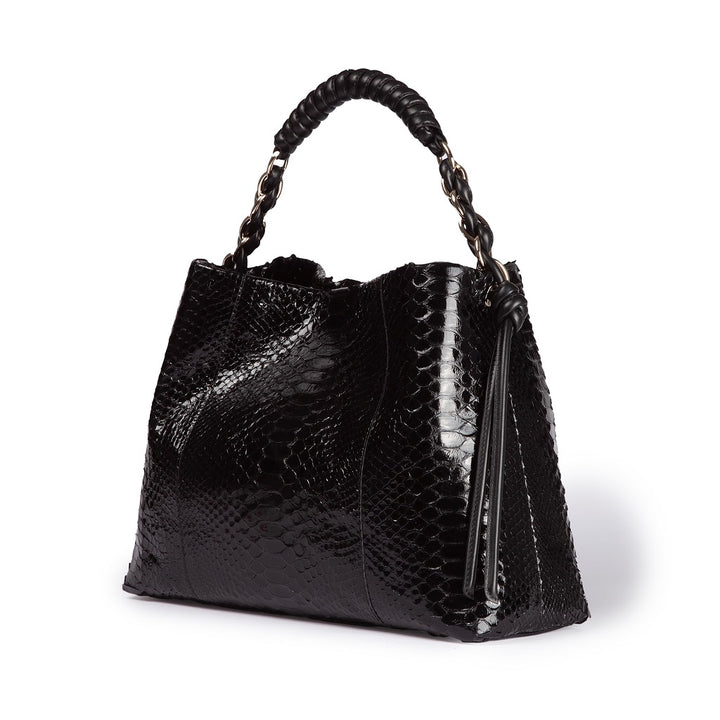 Amina Pitone large handbag in python and calfskin finishes with wrapped tubular handle and detachable shoulder strap