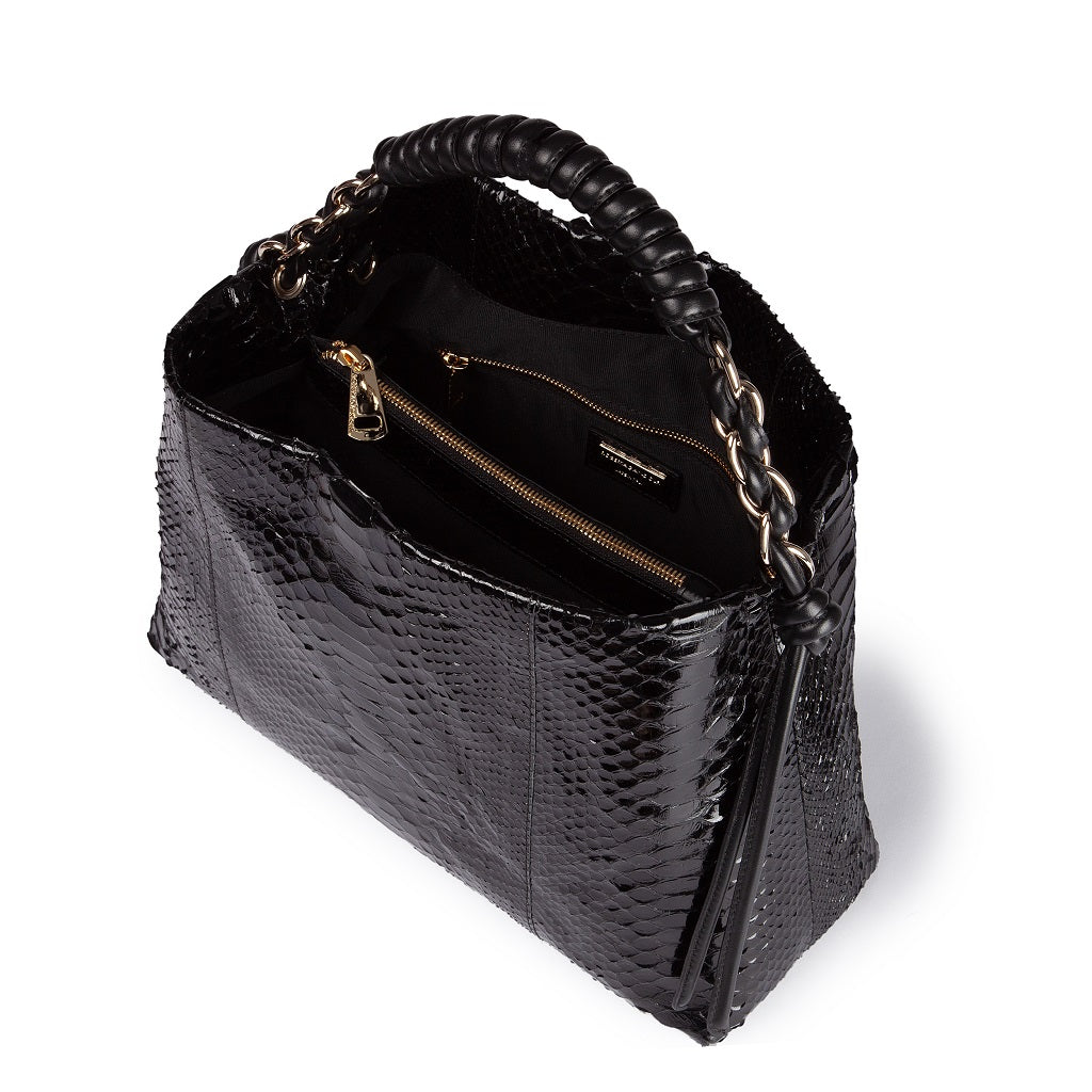 Amina Pitone large handbag in python and calfskin finishes with wrapped tubular handle and detachable shoulder strap