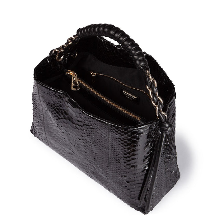 Amina Pitone large handbag in python and calfskin finishes with wrapped tubular handle and detachable shoulder strap