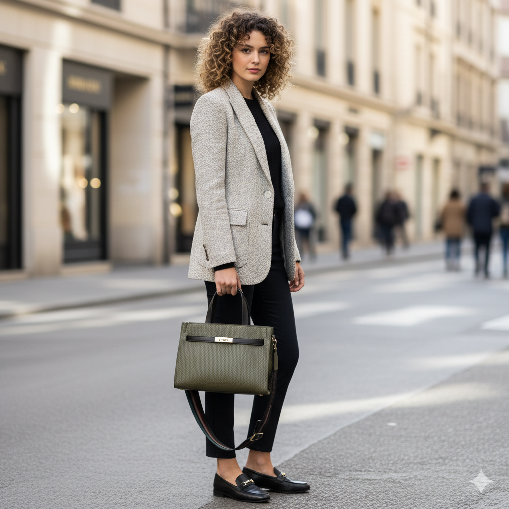 Frida Handbag in hammered leather with adjustable fabric shoulder strap