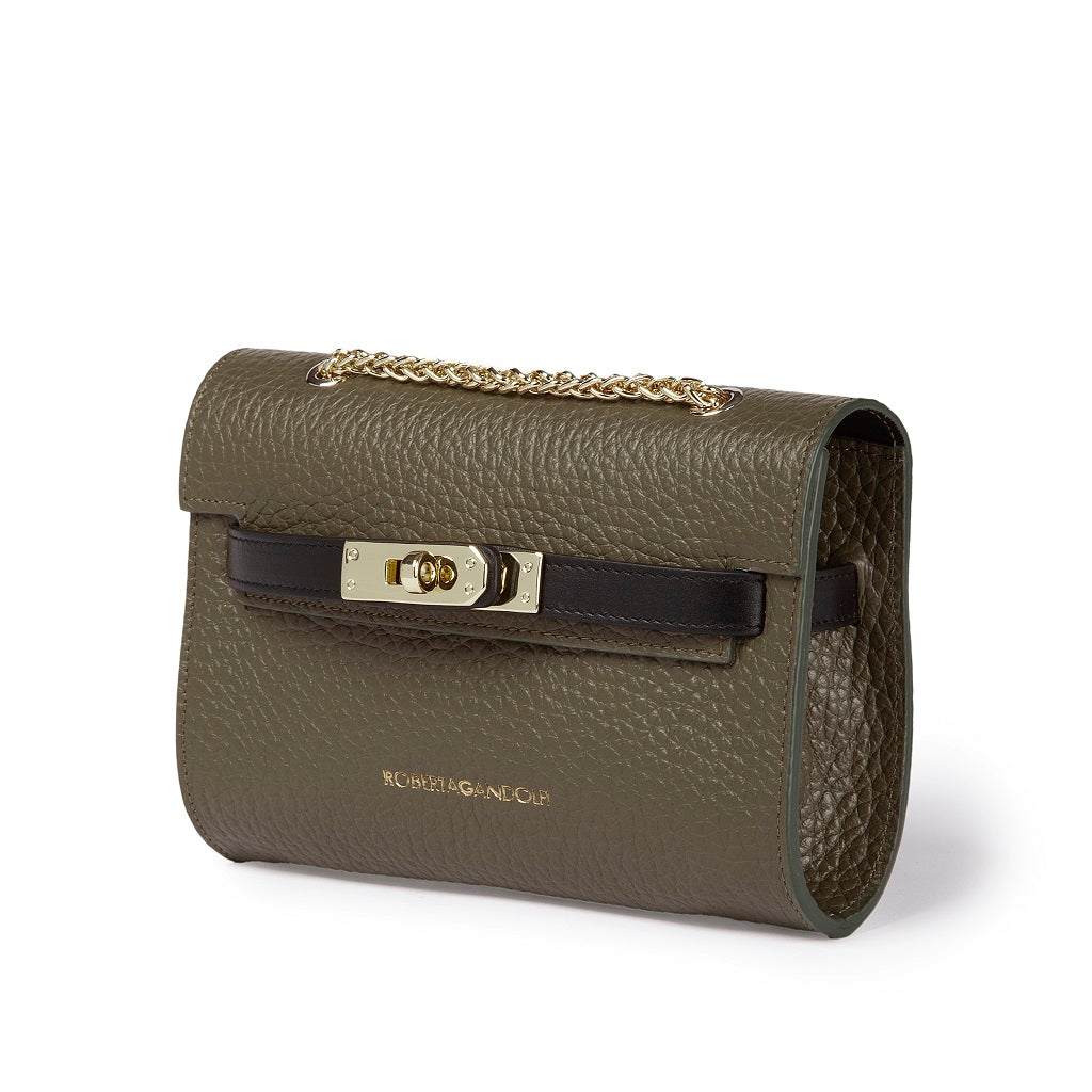 Frida Satchel in grained leather with adjustable fabric shoulder strap