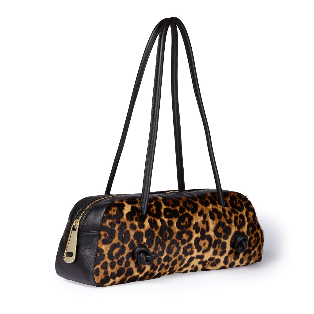 Grace pony borsa allungata in pelle di vitello stampa animalier con finiture in pelle liscia