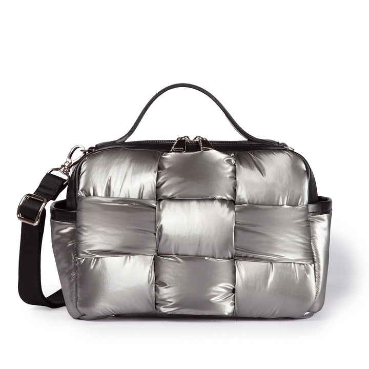 Greta Hatbox bag in padded and hand-woven technical fabric