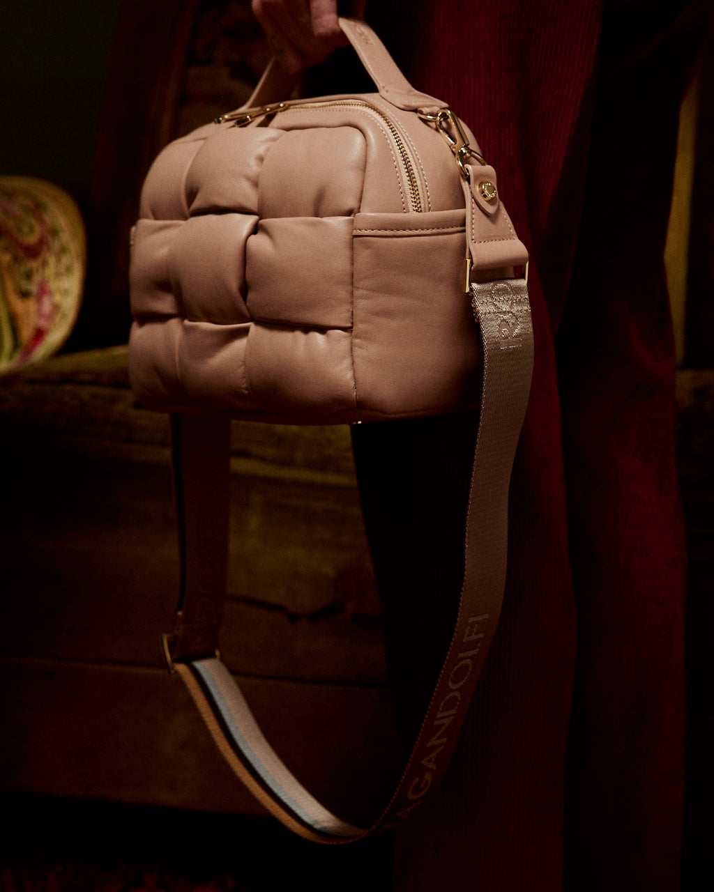 Greta Hatbox Nappa Handbag in Soft Lambskin Padded and Handwoven