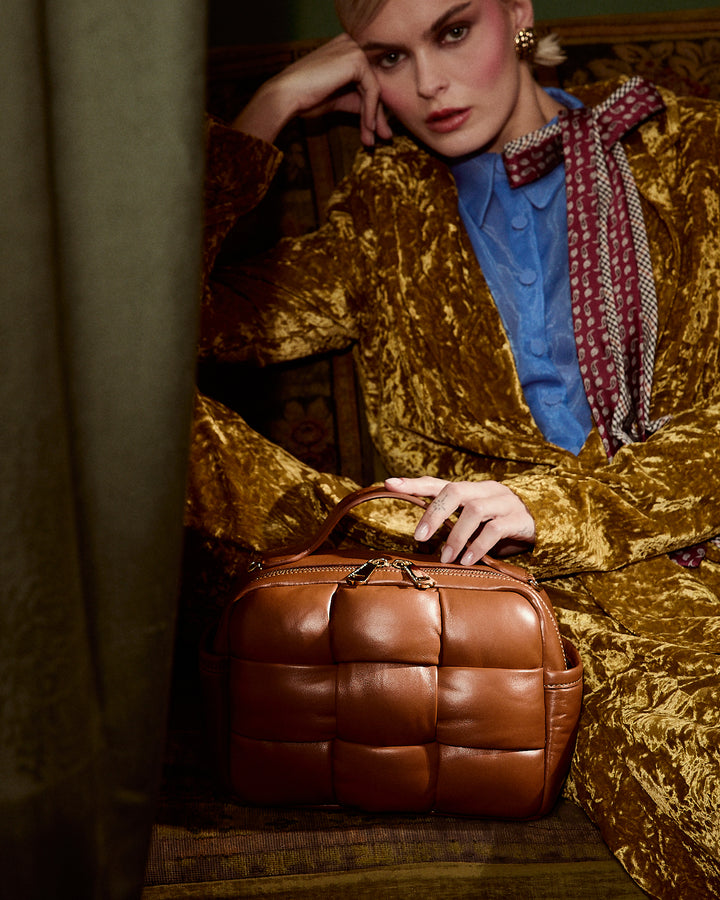 Greta Hatbox Nappa Handbag in Soft Lambskin Padded and Handwoven