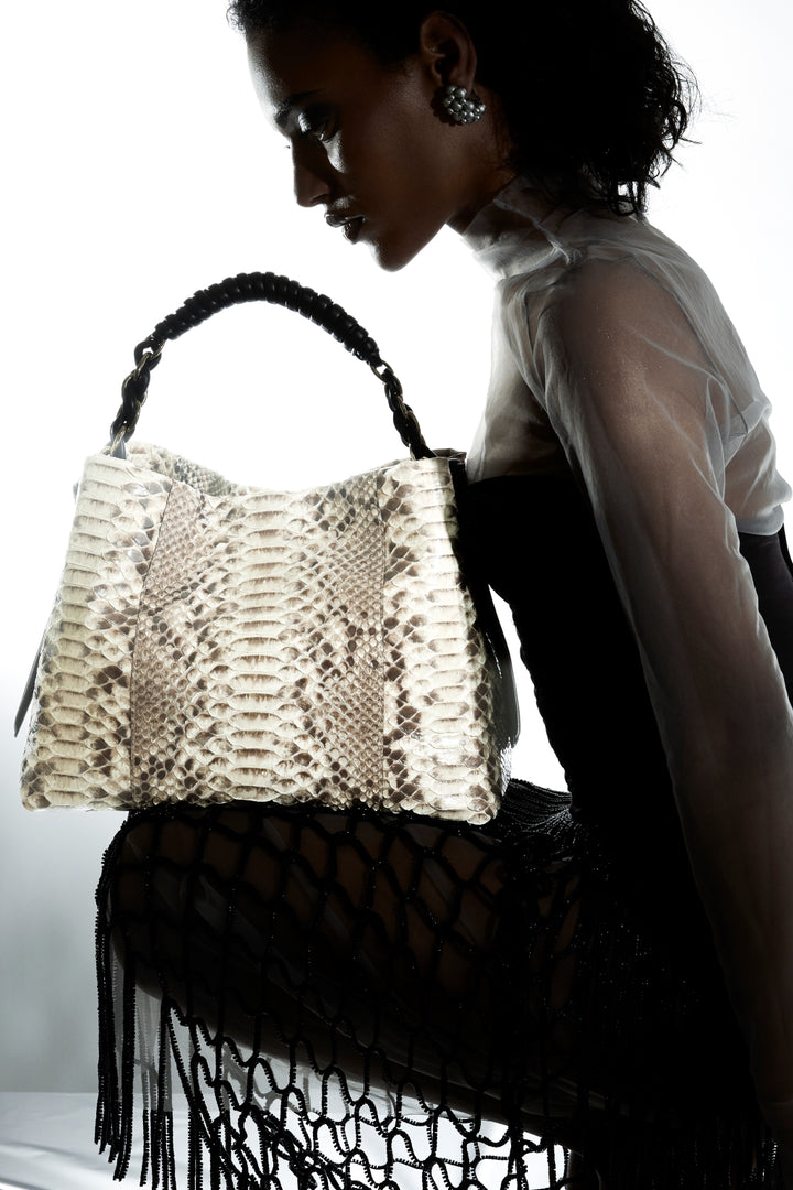 Amina Pitone large handbag in python and calfskin finishes with wrapped tubular handle and detachable shoulder strap