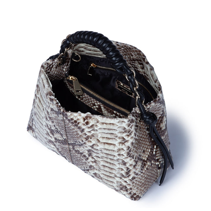 Amina Pitone small python handbag with leather finishes, wrapped tubular handle and detachable shoulder strap
