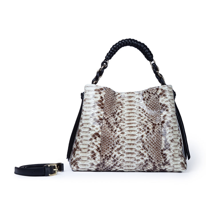 Amina Pitone large handbag in python and calfskin finishes with wrapped tubular handle and detachable shoulder strap