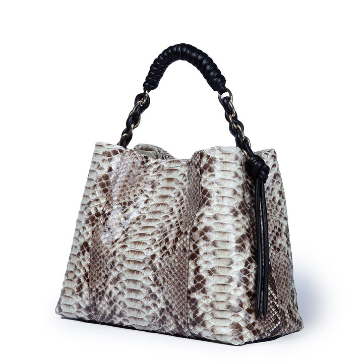 Amina Pitone large handbag in python and calfskin finishes with wrapped tubular handle and detachable shoulder strap