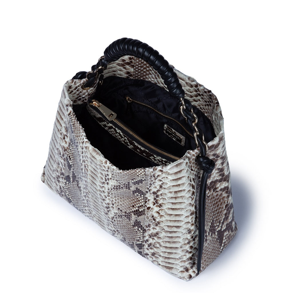 Amina Pitone large handbag in python and calfskin finishes with wrapped tubular handle and detachable shoulder strap