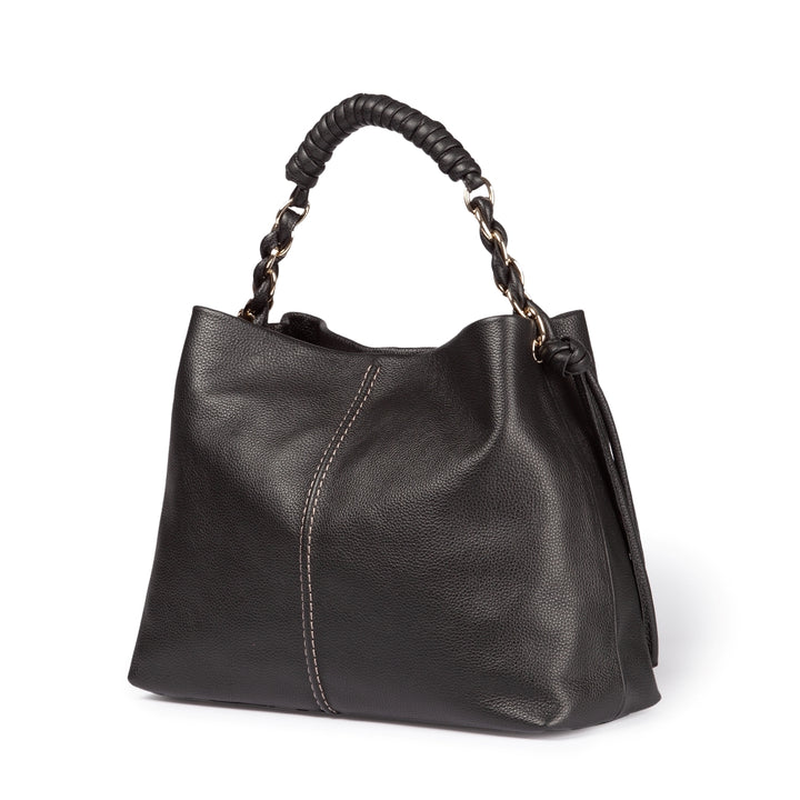 Amina large leather handbag with wrapped tubular handle and detachable shoulder strap