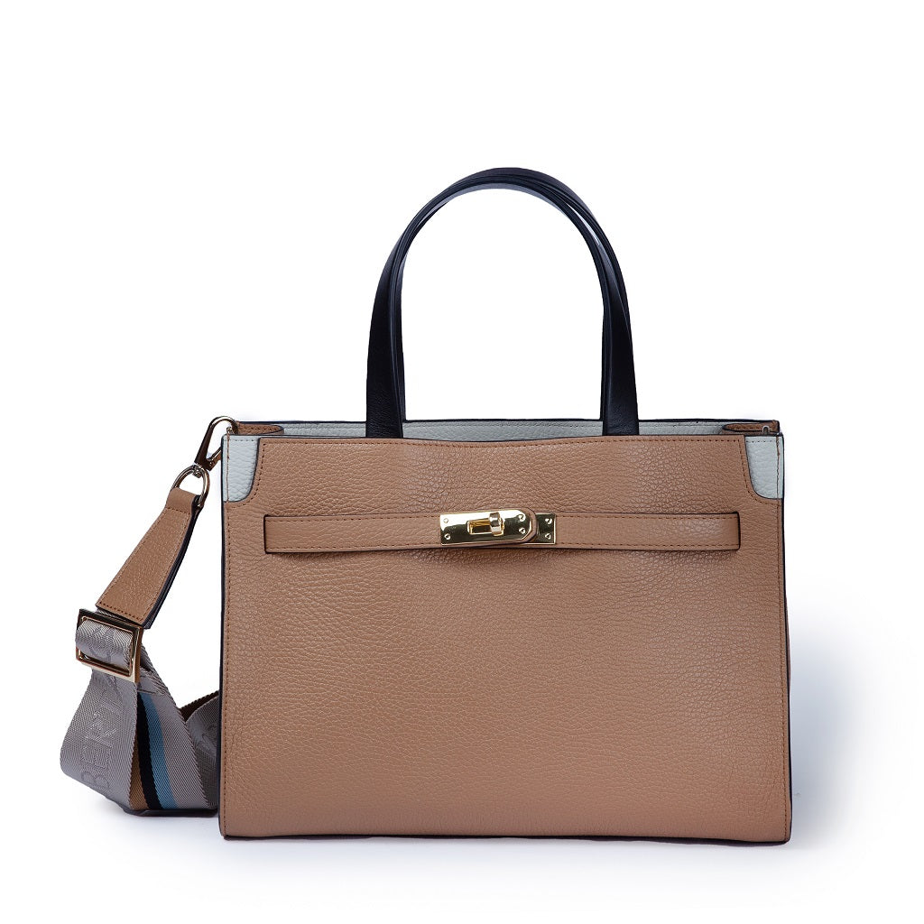 Frida Handbag in pelle martellata con tracolla logata in tessuto regolabile