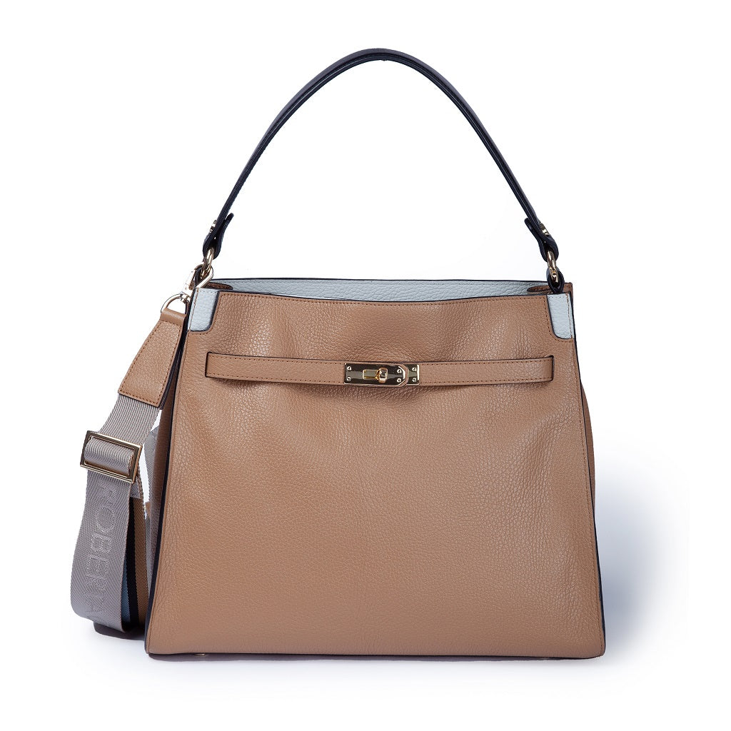 Frida Satchel in pelle martellata con tracolla logata in tessuto regolabile