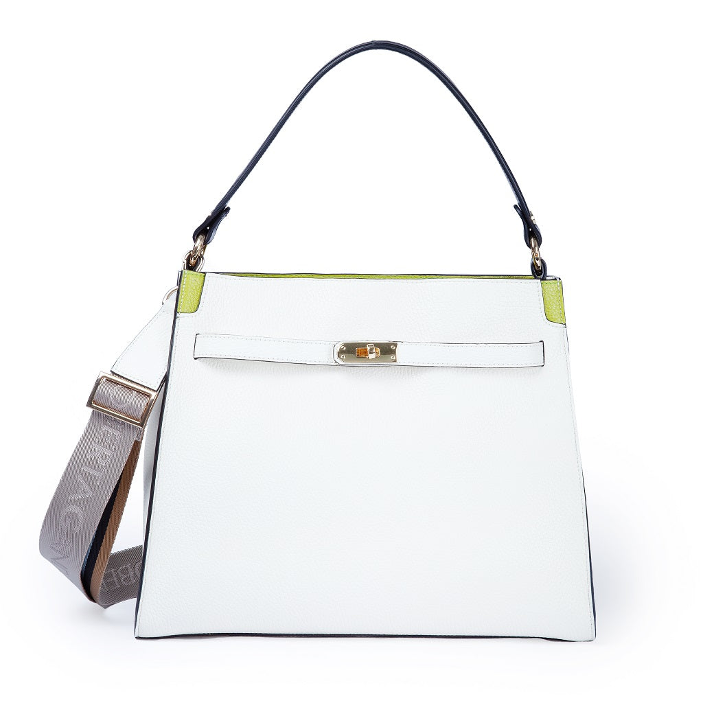Frida Satchel in grained leather with adjustable fabric shoulder strap