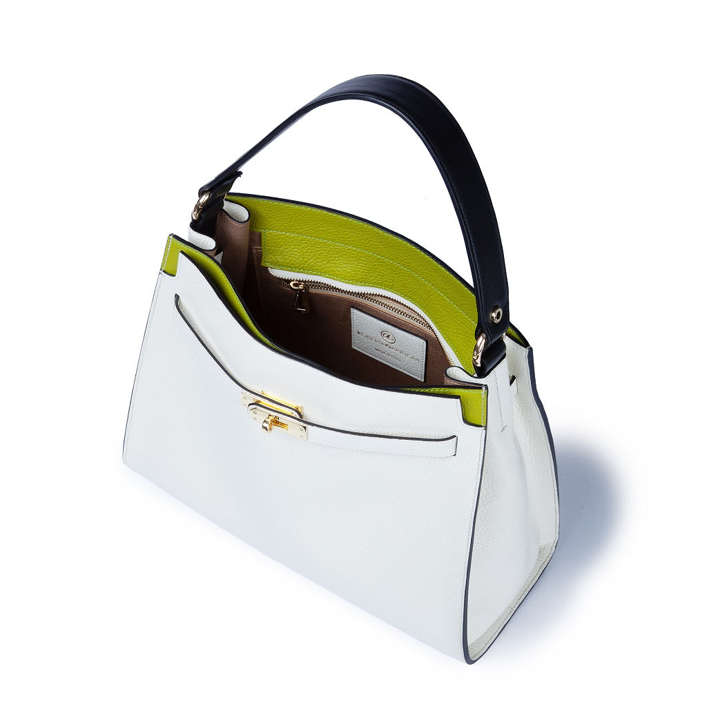 Frida Satchel in grained leather with adjustable fabric shoulder strap