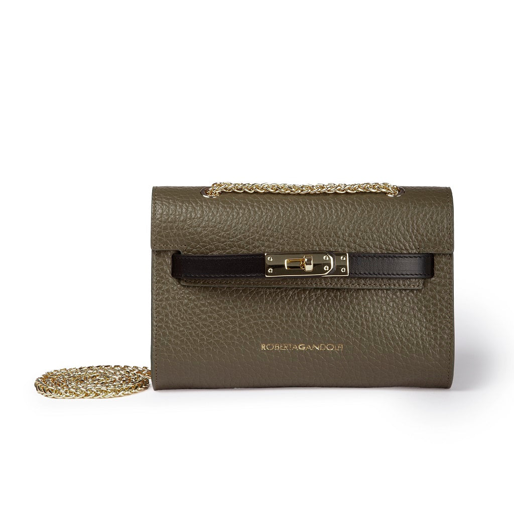Frida Satchel in grained leather with adjustable fabric shoulder strap