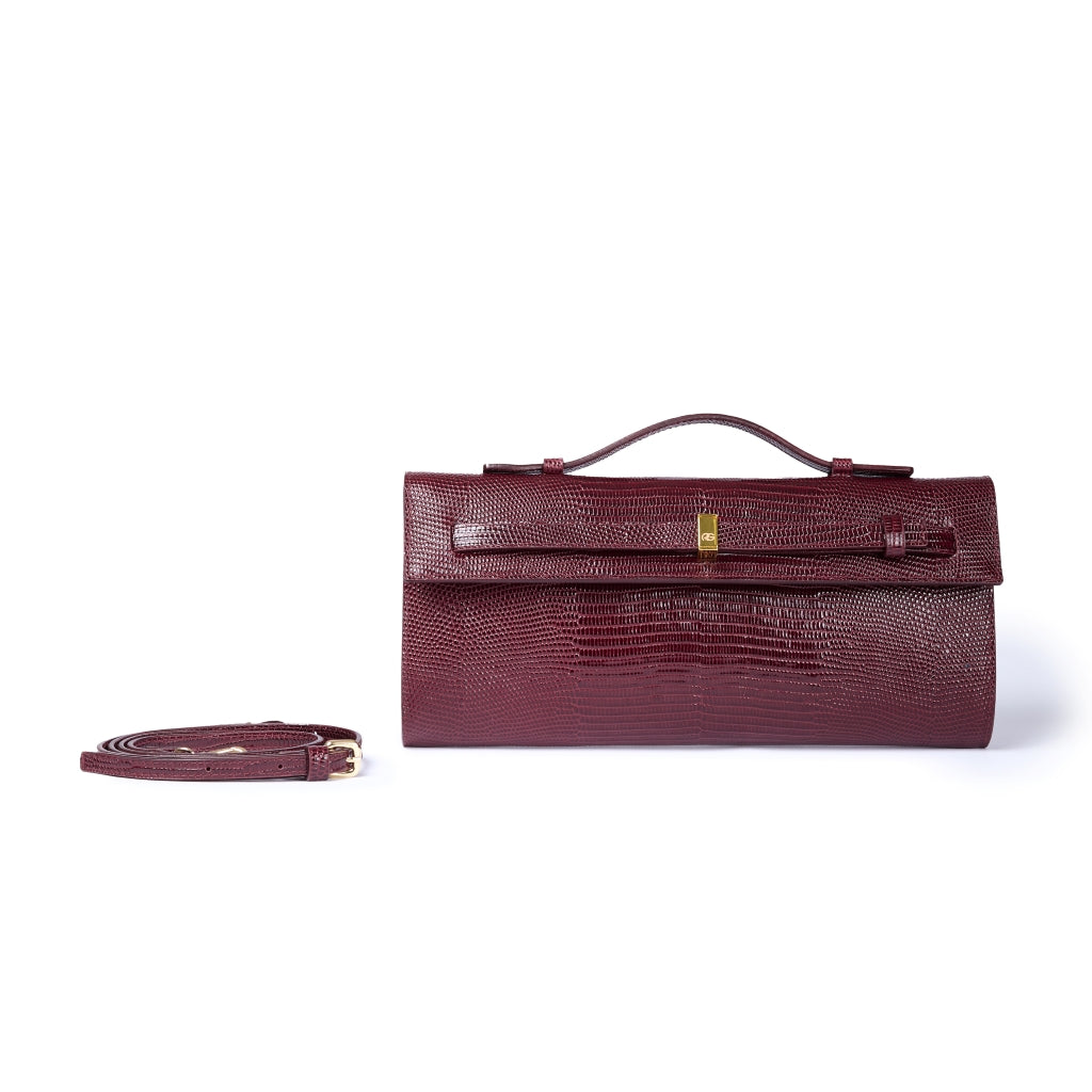 Celine Tejus – Elegant Glossy Lizard-Embossed Calfskin Leather Clutch with Retractable Handle and Shoulder Strap