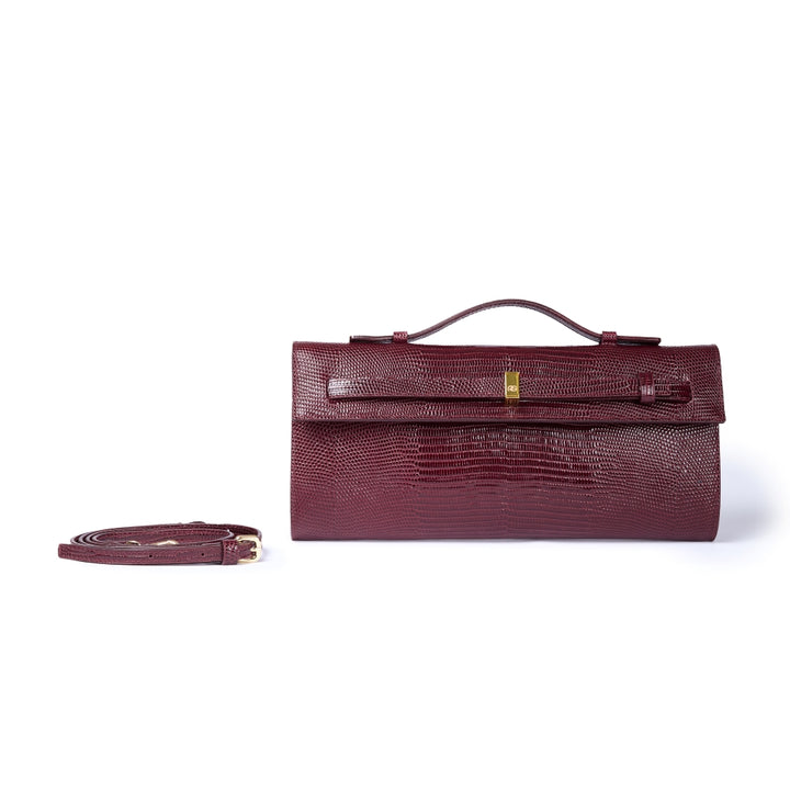 Celine Tejus – Elegant Glossy Lizard-Embossed Calfskin Leather Clutch with Retractable Handle and Shoulder Strap
