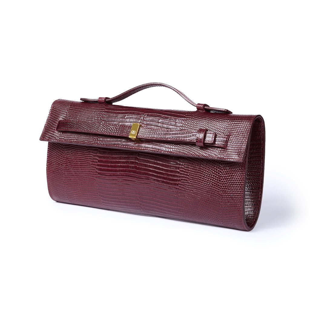Celine Tejus – Elegant Glossy Lizard-Embossed Calfskin Leather Clutch with Retractable Handle and Shoulder Strap