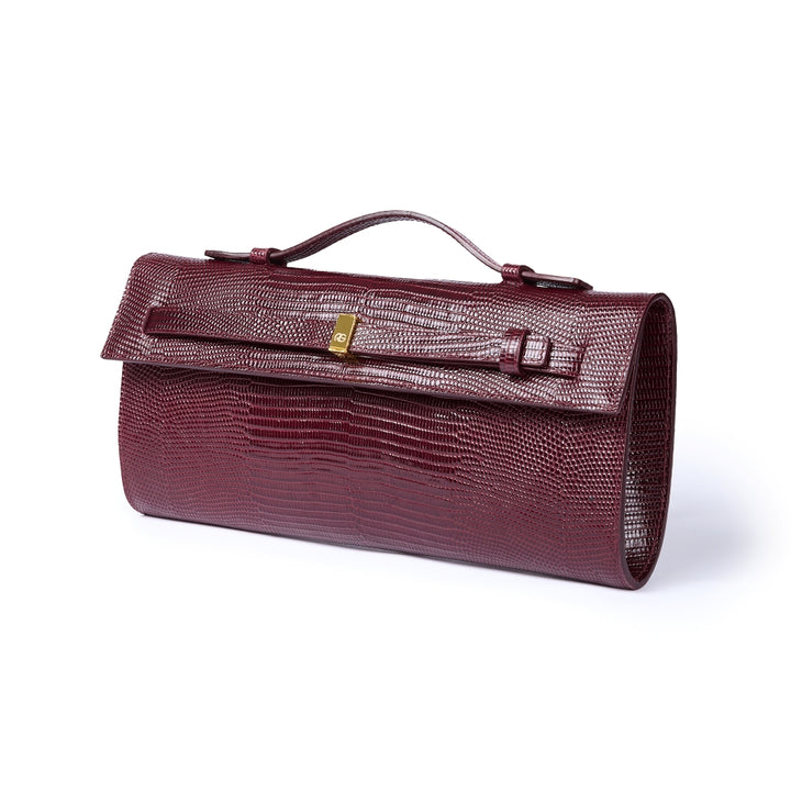 Celine Tejus – Elegant Glossy Lizard-Embossed Calfskin Leather Clutch with Retractable Handle and Shoulder Strap