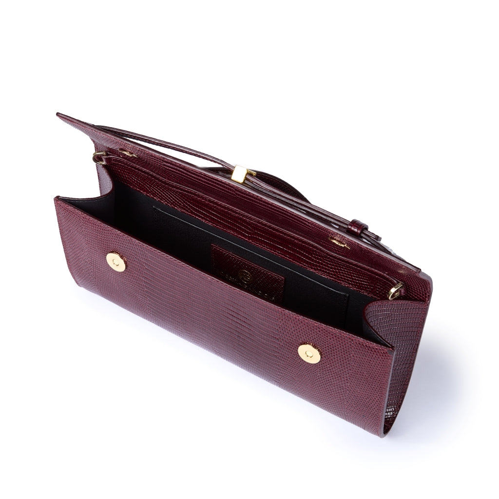 Celine Tejus – Elegant Glossy Lizard-Embossed Calfskin Leather Clutch with Retractable Handle and Shoulder Strap