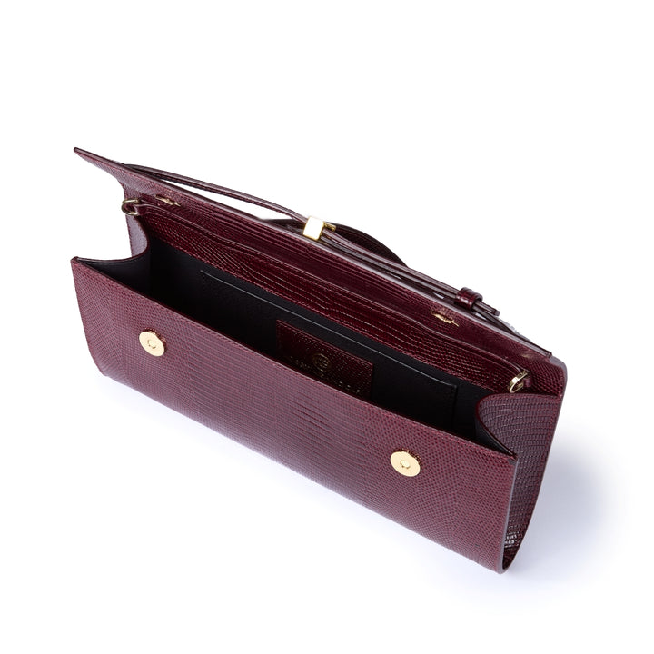 Celine Tejus – Elegant Glossy Lizard-Embossed Calfskin Leather Clutch with Retractable Handle and Shoulder Strap