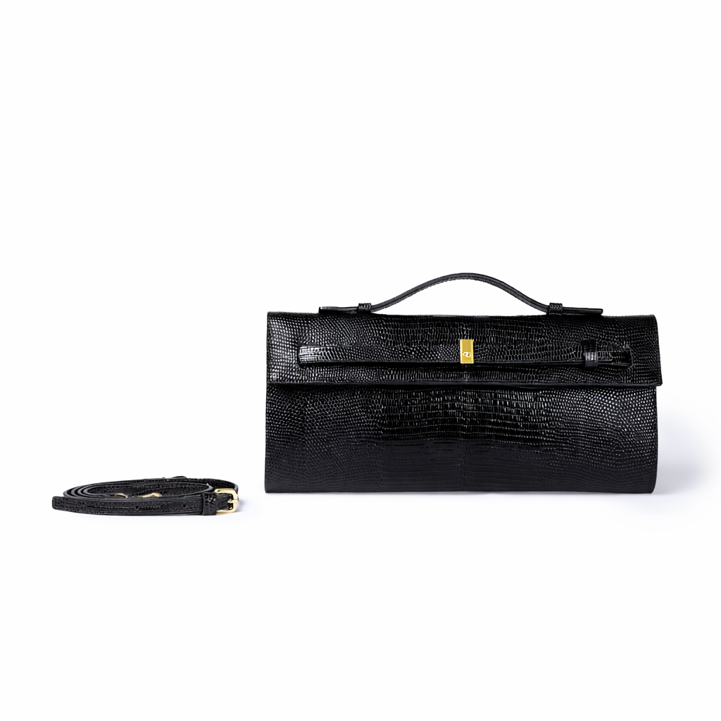Celine Tejus – Elegant Glossy Lizard-Embossed Calfskin Leather Clutch with Retractable Handle and Shoulder Strap