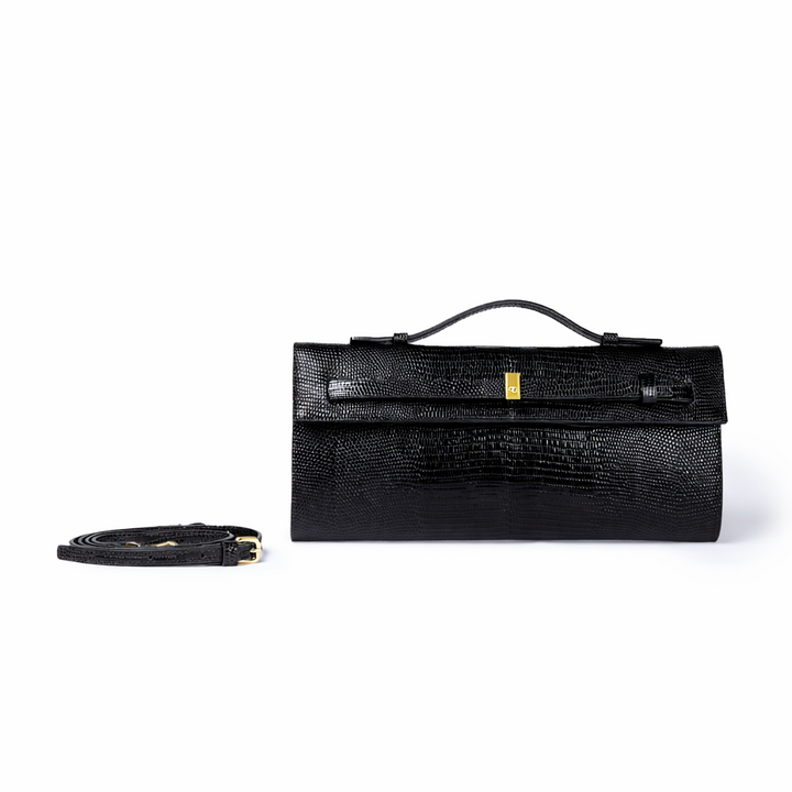 Celine Tejus – Elegant Glossy Lizard-Embossed Calfskin Leather Clutch with Retractable Handle and Shoulder Strap