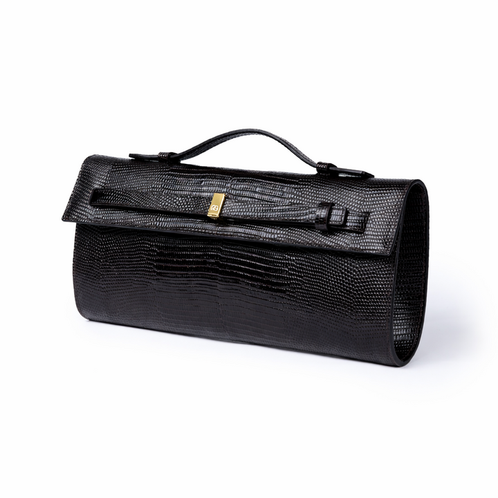 Celine Tejus – Elegant Glossy Lizard-Embossed Calfskin Leather Clutch with Retractable Handle and Shoulder Strap
