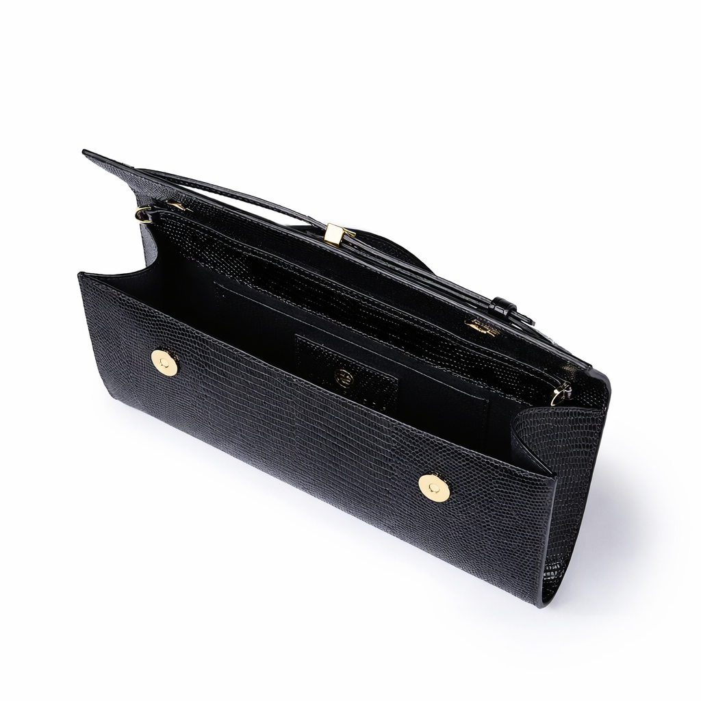 Celine Tejus – Elegant Glossy Lizard-Embossed Calfskin Leather Clutch with Retractable Handle and Shoulder Strap