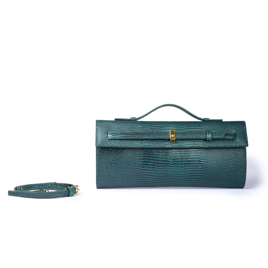 Celine Tejus – Elegant Glossy Lizard-Embossed Calfskin Leather Clutch with Retractable Handle and Shoulder Strap