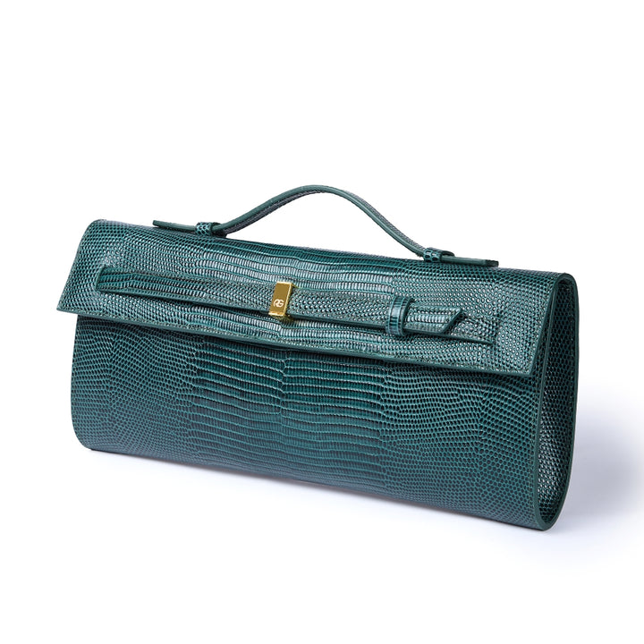 Celine Tejus – Elegant Glossy Lizard-Embossed Calfskin Leather Clutch with Retractable Handle and Shoulder Strap