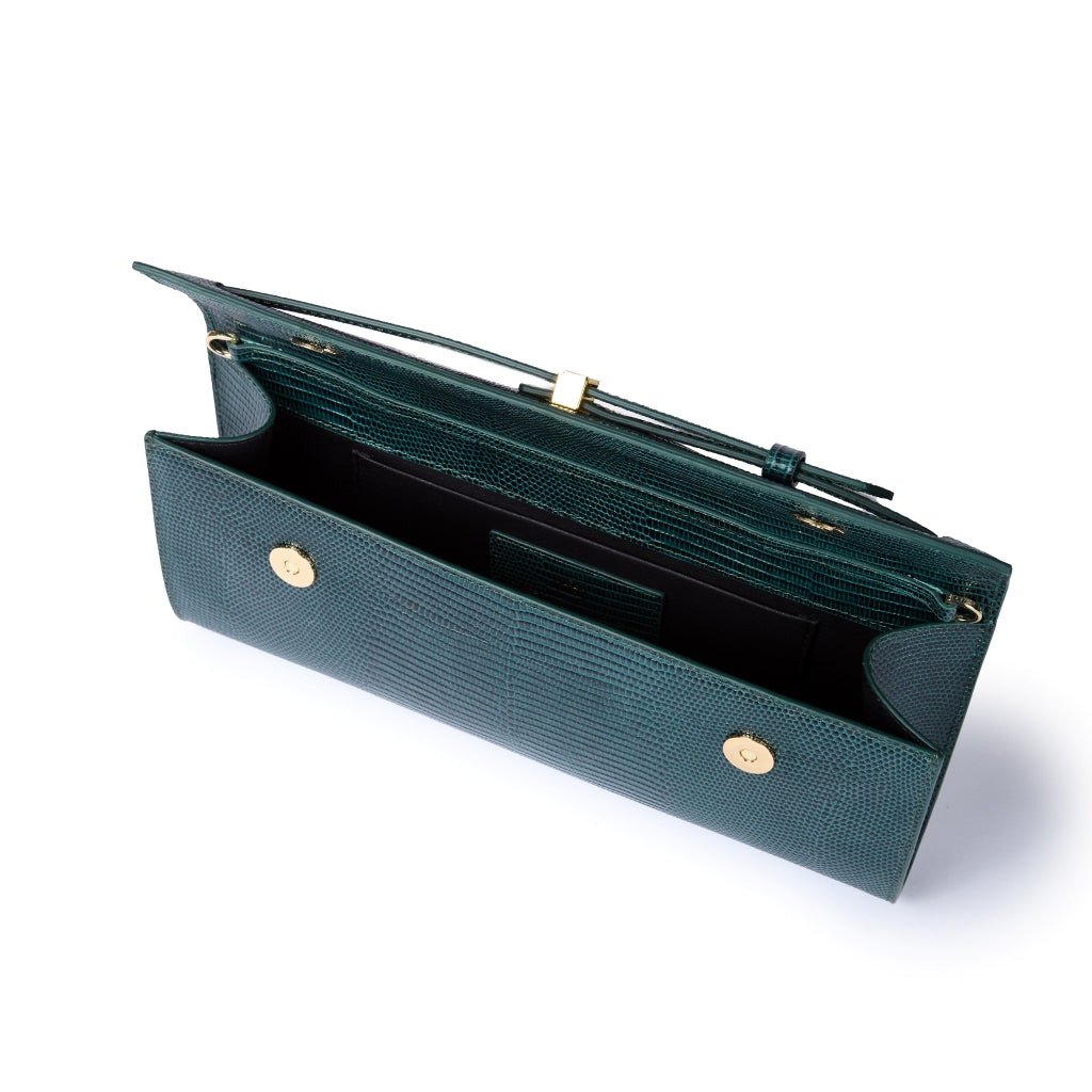 Celine Tejus – Elegant Glossy Lizard-Embossed Calfskin Leather Clutch with Retractable Handle and Shoulder Strap