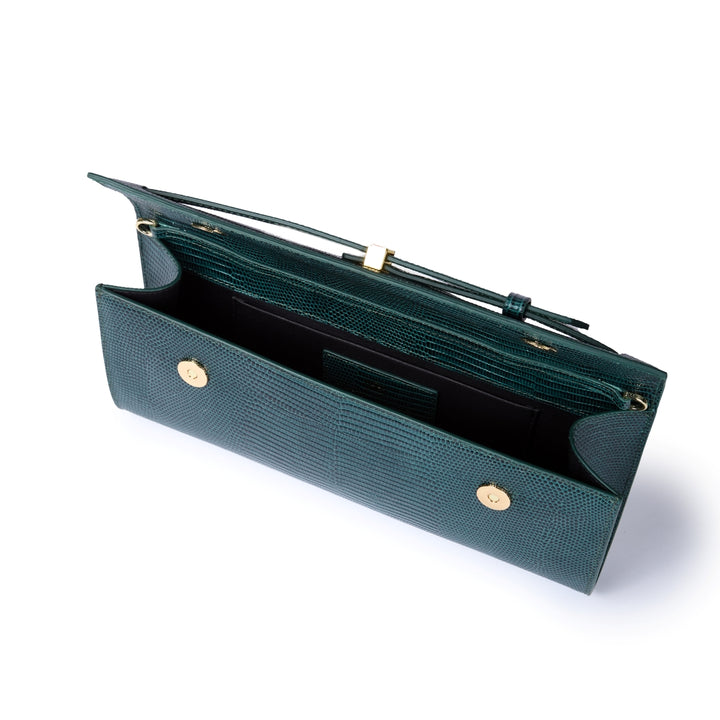 Celine Tejus – Elegant Glossy Lizard-Embossed Calfskin Leather Clutch with Retractable Handle and Shoulder Strap