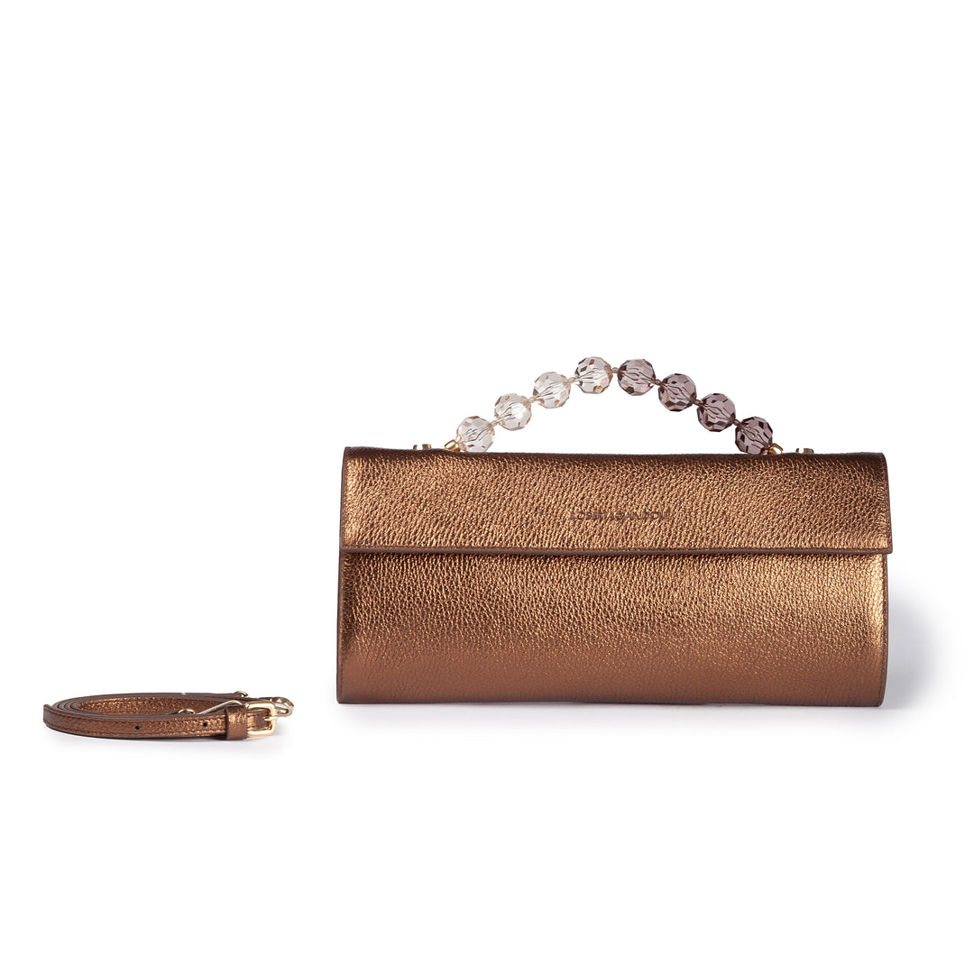 Julia Boule cluch in pelle metalizzata e manico gioiello con tracolla staccabile e regolabile