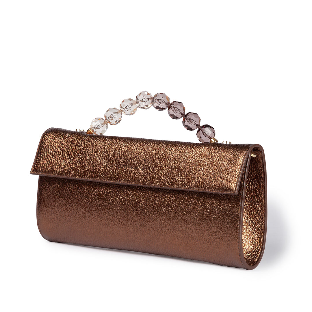 Julia Boule cluch in pelle metalizzata e manico gioiello con tracolla staccabile e regolabile