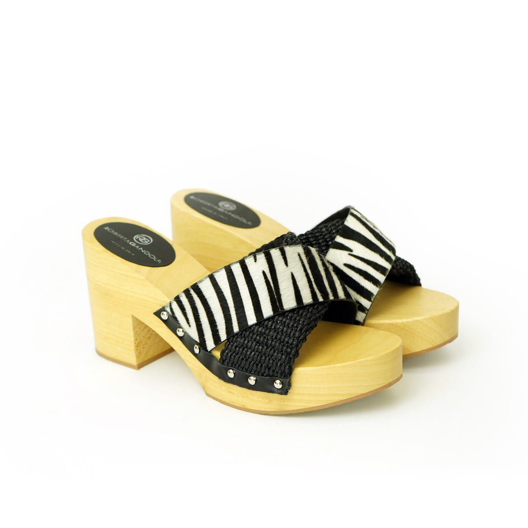 Diva Zebra sandali in legno incrociato con platform in rafia e pony stampa animalier