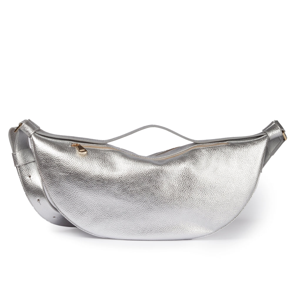 Micol Banana cross body in hammered metal calfskin with adjustable shoulder strap