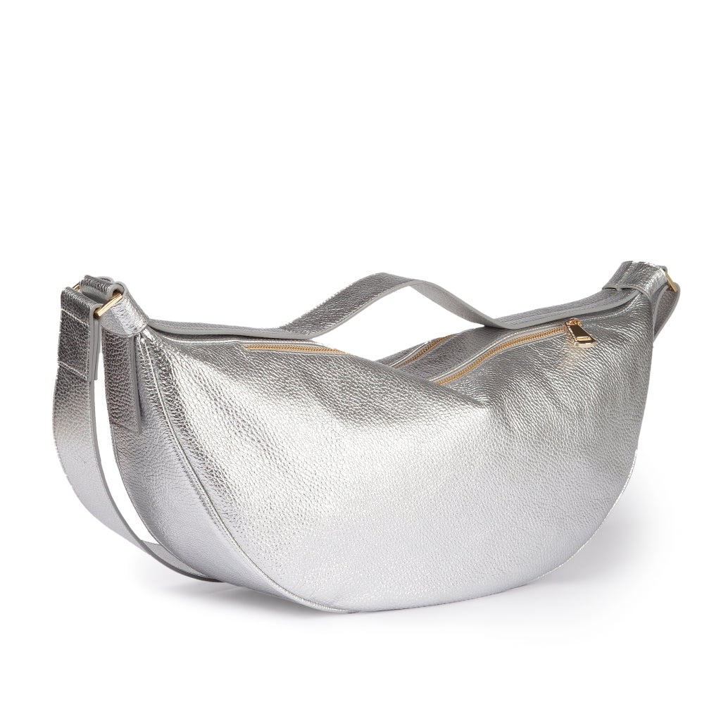 Micol Banana cross body in hammered metal calfskin with adjustable shoulder strap