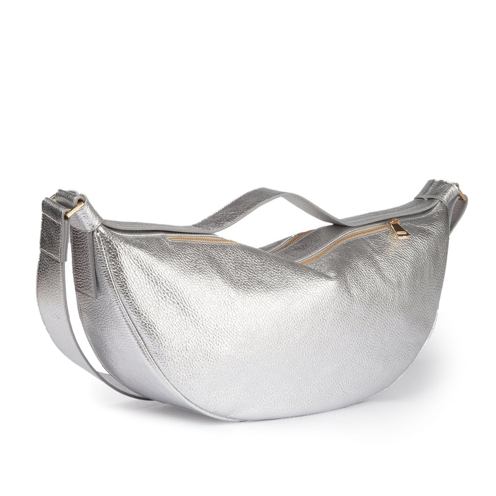 Micol Banana cross body in hammered metal calfskin with adjustable shoulder strap