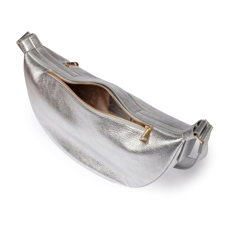 Micol Banana cross body in hammered metal calfskin with adjustable shoulder strap