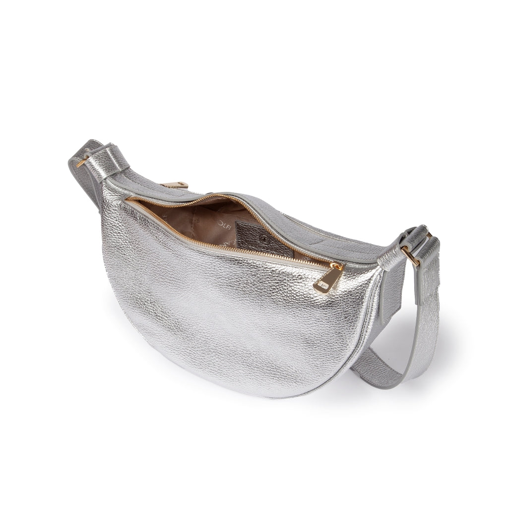 Micol Banana small cross body in metal hammered calfskin with adjustable shoulder strap