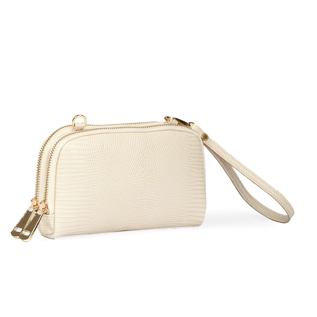 Tejus purse in vitello stampa lucertolino glossy con  tracolla di catena e manicotto in pelle